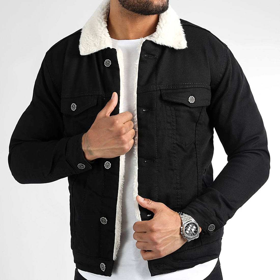Veste Jean Super Slim Fit A Col Mouton 5005 Noir Blanc de Black Needle 3 Veste Jean Super Slim Fit A Col Mouton 5005 Noir Blanc de Black Needle