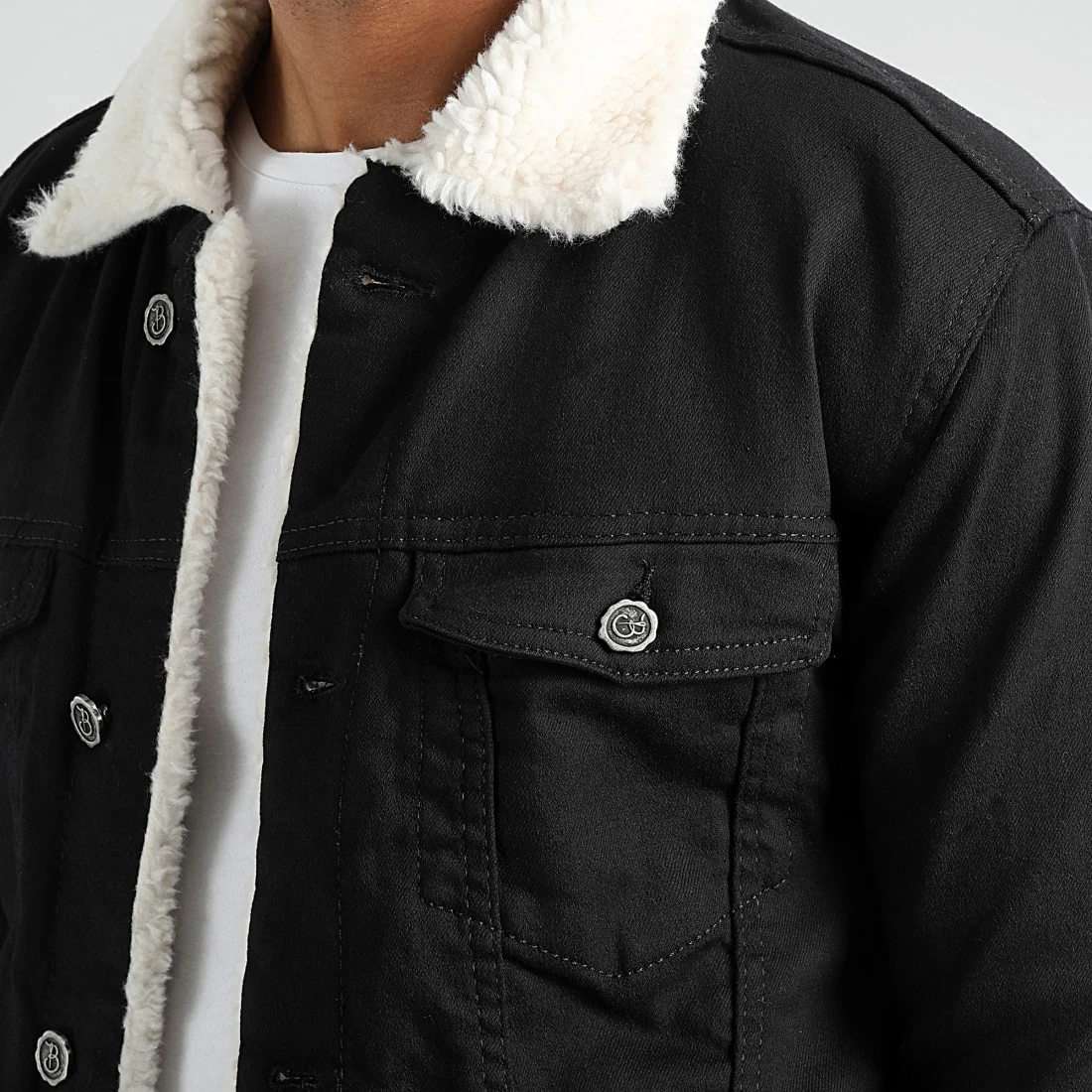 Veste Jean Super Slim Fit A Col Mouton 5005 Noir Blanc de Black Needle 4 Veste Jean Super Slim Fit A Col Mouton 5005 Noir Blanc de Black Needle – Image 2