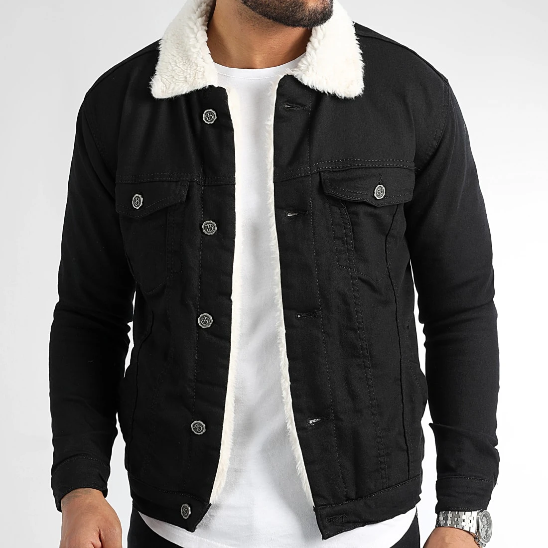 Veste Jean Super Slim Fit A Col Mouton 5005 Noir Blanc de Black Needle 5 Veste Jean Super Slim Fit A Col Mouton 5005 Noir Blanc de Black Needle – Image 3