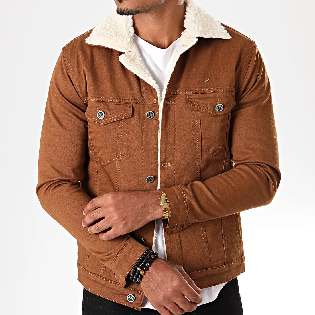 Veste Jean Super Slim Fit Col Mouton 5003 Marron Ecru de Black Needle 4 Veste Jean Super Slim Fit Col Mouton 5003 Marron Ecru de Black Needle – Image 2