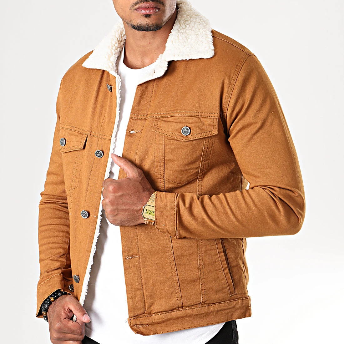 Veste Jean Super Slim Fit A Col Mouton 5004 Camel Blanc de Black Needle 4 Veste Jean Super Slim Fit A Col Mouton 5004 Camel Blanc de Black Needle – Image 2