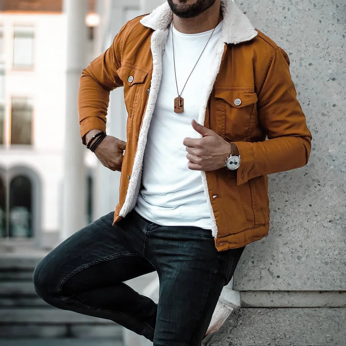 Veste Jean Super Slim Fit A Col Mouton 5004 Camel Blanc de Black Needle 10 Veste Jean Super Slim Fit A Col Mouton 5004 Camel Blanc de Black Needle – Image 8