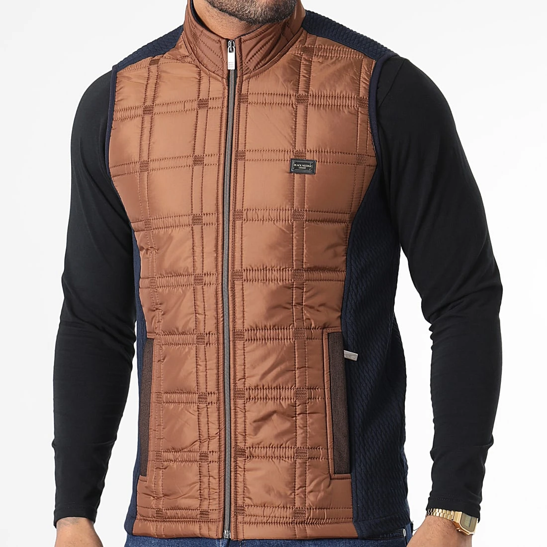 Veste Zippée Sans Manches BLC22K16 Bleu Marine Marron de Black Needle 3 Veste Zippée Sans Manches BLC22K16 Bleu Marine Marron de Black Needle