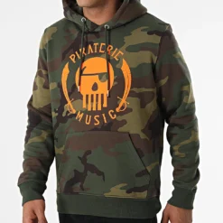 Sweat Capuche Camouflage Logo Vert Kaki Orange Fluo de Piraterie Music