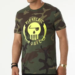 Tee Shirt Camouflage Logo Vert Kaki Jaune Fluo de Piraterie Music