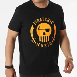 Tee Shirt Logo Noir Orange Fluo de Piraterie Music