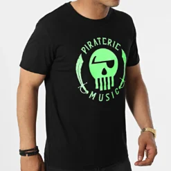 Black Needle Soldes 56 Tee Shirt Logo Noir Vert Fluo de Piraterie Music