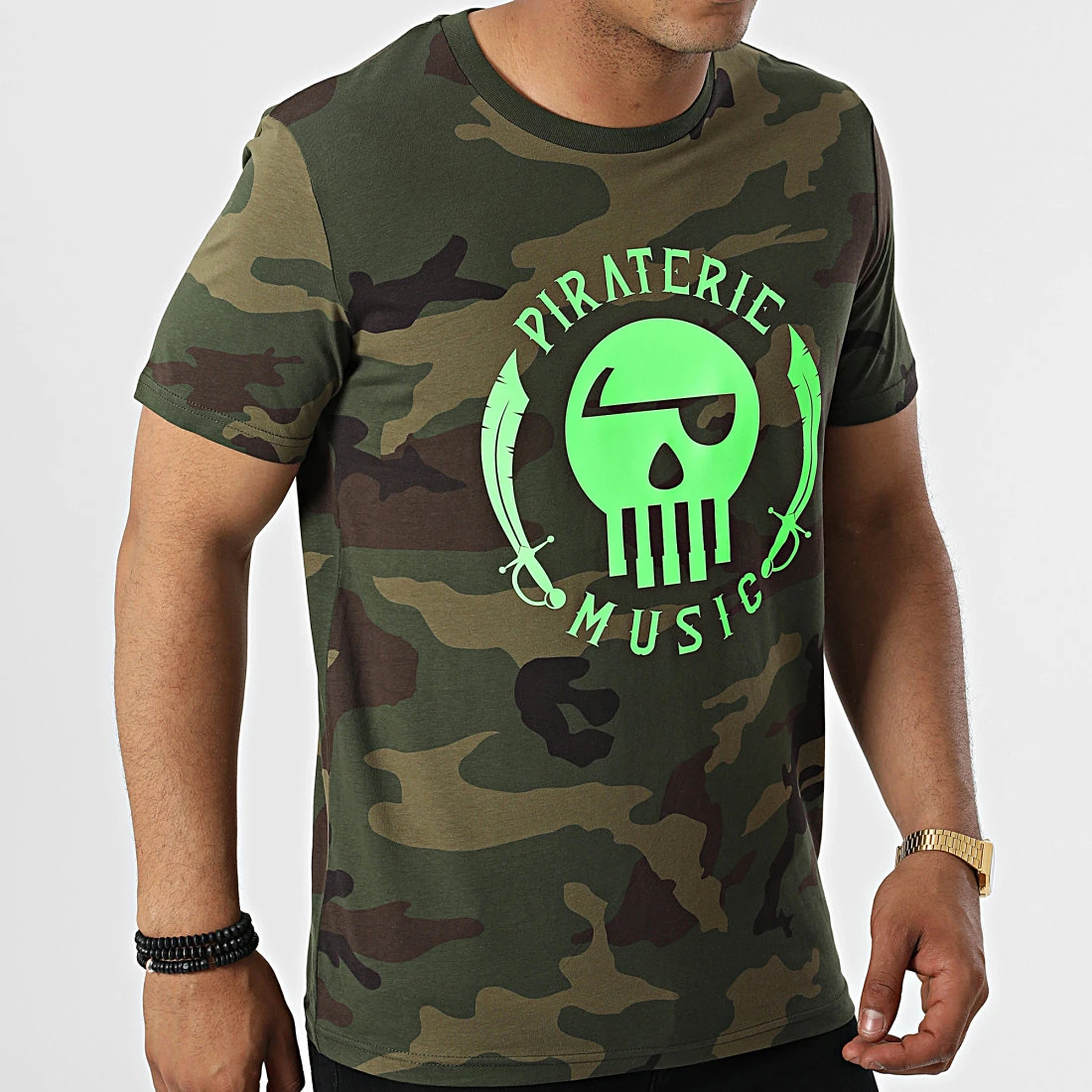 Tee Shirt Logo Camouflage Kaki Vert Fluo de Piraterie Music 3 Tee Shirt Logo Camouflage Kaki Vert Fluo de Piraterie Music