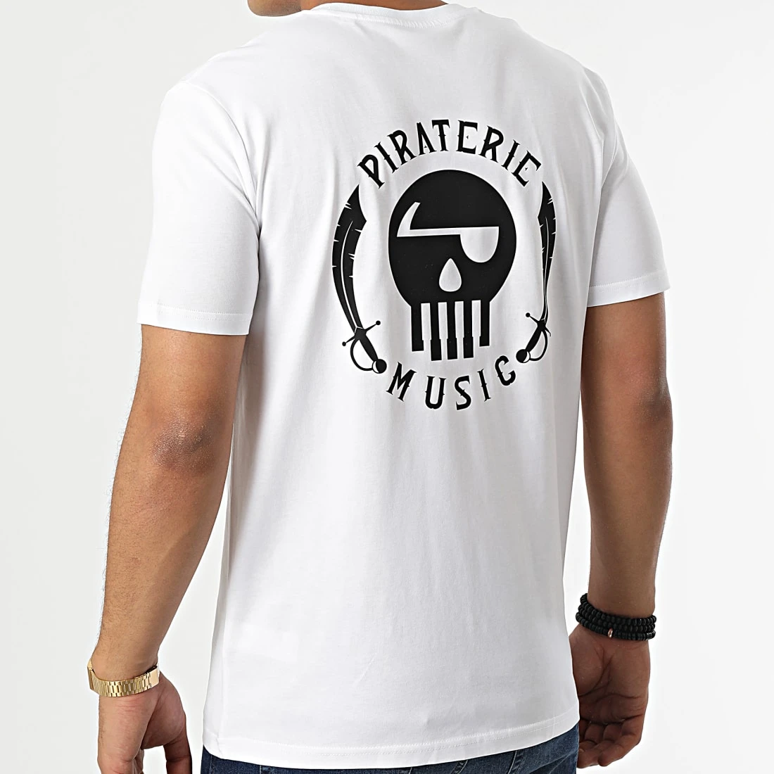 Tee Shirt Logo Chest And Back Blanc Noir de Piraterie Music 3 Tee Shirt Logo Chest And Back Blanc Noir de Piraterie Music