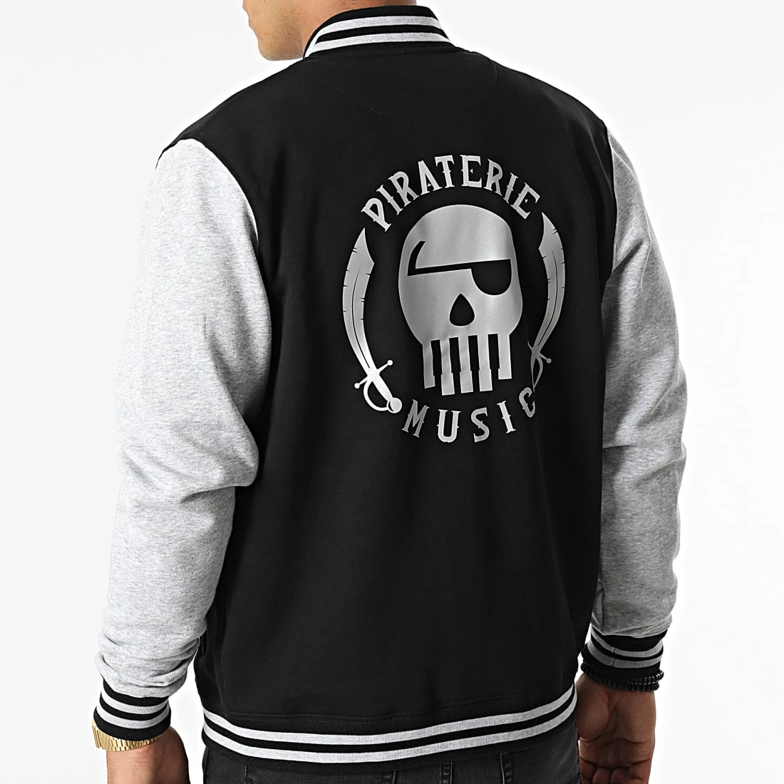Veste Teddy Logo Réfléchissant Noir Gris Chiné de Piraterie Music 3 Veste Teddy Logo Réfléchissant Noir Gris Chiné de Piraterie Music