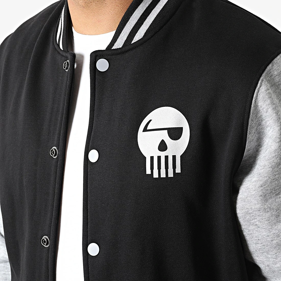 Veste Teddy Logo Réfléchissant Noir Gris Chiné de Piraterie Music 4 Veste Teddy Logo Réfléchissant Noir Gris Chiné de Piraterie Music – Image 2