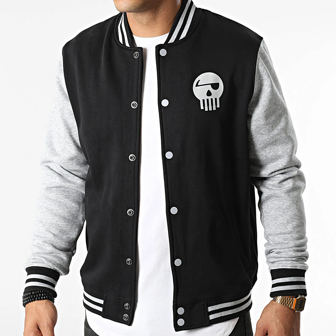 Veste Teddy Logo Réfléchissant Noir Gris Chiné de Piraterie Music 5 Veste Teddy Logo Réfléchissant Noir Gris Chiné de Piraterie Music – Image 3